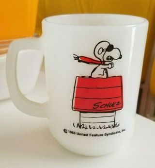 Vintage Snoopy Curse You Red Baron Peanuts Milk Glass Mug Fire King