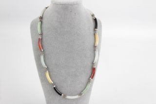 Vintage.  925 Sterling Silver,  Jade & Gemstone Necklace,  Oriental Theme (28g)