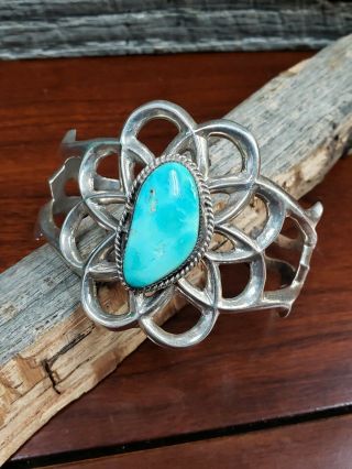 Vintage Unsigned Navajo Sandcast Sterling Silver & Turquoise Cuff Bracelet