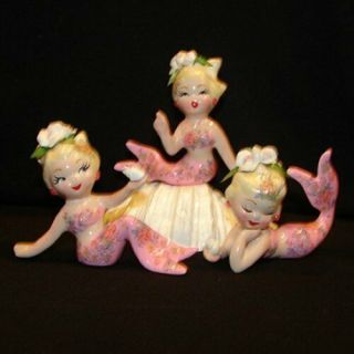 Ceramic Mermaid Trio Shelf Sitter Figurines W Shell For Vintage Or Retro Decor