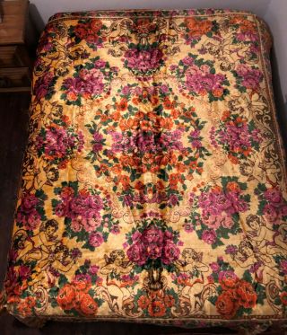 Vintage Italian Wedding Angel Cherubs Velvet Blanket Floral Bedspread