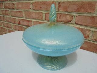 Vintage Murano Venetian Italian Art Glass Blue Covered Ftd Candy Bowl Aventurine