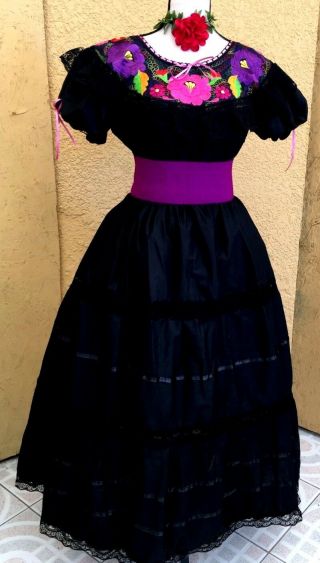 Mexican Black Dress Wedding 3 Pc W/sash Floral Embroidery Adelita 5 De Mayo Vtg