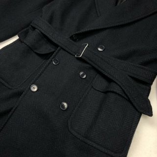 VTG 1970s Mr Guy Italy Men’s Wool Belted Trench Coat Navy Blue Herringbone • 44R 2