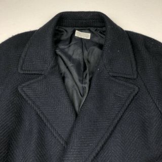 VTG 1970s Mr Guy Italy Men’s Wool Belted Trench Coat Navy Blue Herringbone • 44R 3