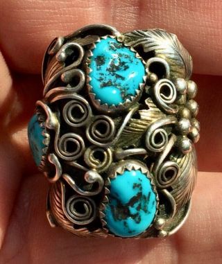 Big Signed Vintage Sterling Silver Navajo Turquoise Ring Virginia C.  Size 8 1/4