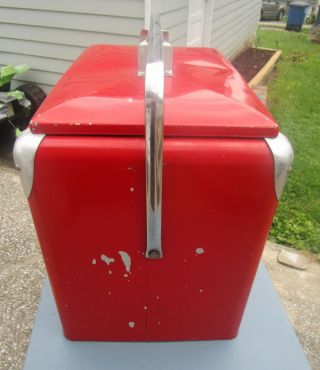 VINTAGE LARGE PROGRESS REFRIGERATOR RED METAL ICE CHEST COOLER WITH METAL TRAY 3