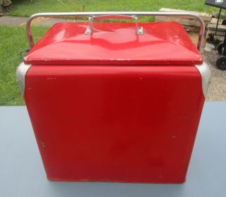 VINTAGE LARGE PROGRESS REFRIGERATOR RED METAL ICE CHEST COOLER WITH METAL TRAY 4