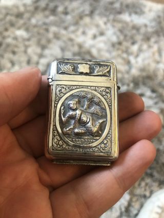 Rare Antique Indian Solid Silver Vesta Case Match Safe Holder Striker