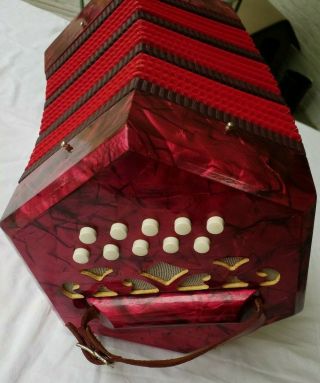 Vintage 20 - Key Concertina Squeeze Box Accordion Instrument Italy Red Hexagon