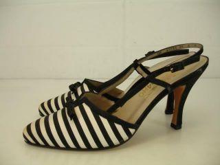 Womens Sz 9 B M Salvatore Ferragamo Ivory Black Striped Bow Slingback Shoes Pump