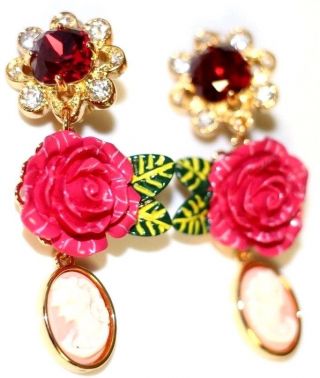 Dolce & Gabbana Auth Nwot Sicilian Cameo Rose Crystal Chandelier Clip Earrings