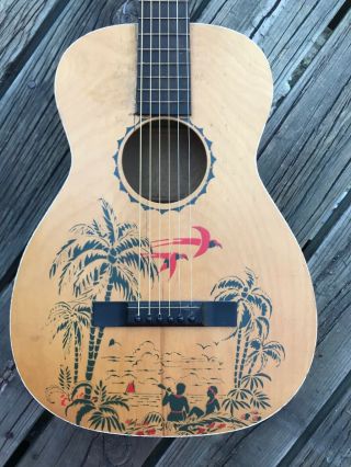 Vintage Guitar Hawaiian Design 6 String Acoustic Wooden Palm Trees Aloha Hawaii
