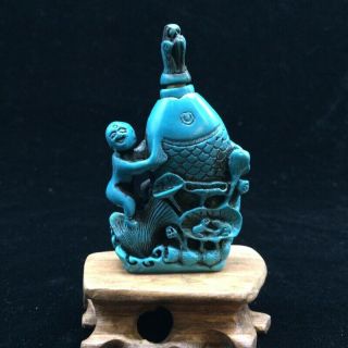 Old Peking Turquoise Hand Carved Children & Fish Pattern Snuff Bottles