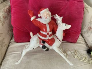 Vintage Hard Plastic Santa On Deer Mantle Display Tops Illuminated Partial Box