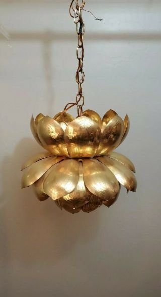 Vtg Brass Lotus Flower Hanging Lamp Light Hollywood Regency Mid Century