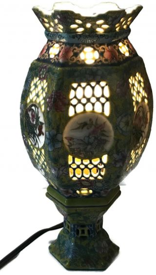 Antique Vintage Chinese Porcelain Enamel Hand Painted Pierced Wedding Lamp Light 2