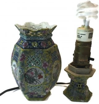 Antique Vintage Chinese Porcelain Enamel Hand Painted Pierced Wedding Lamp Light 4