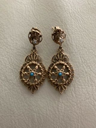 Vintage 14k Yellow Gold Pearl And Turquoise Earrings