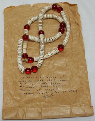 Antique Columbia Plateau Nez Perce Indian Shell Red Glass Trade Bead Necklace 8