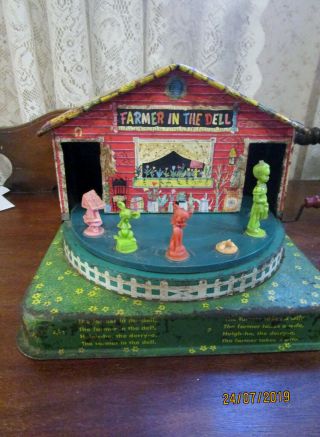 Vintage Mattel Farmer In The Dell Tin Litho Musical Wind Up Toy –as Is