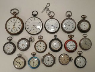 16 - Vintage - U.  S.  & Foreign - 800 Silver & Sterling - Watch Pendants & Pocket Watches