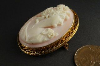 LOVELY ANTIQUE 9K GOLD CARVED PINK CONCH SHELL FLORAL CAMEO BROOCH c1900 $1 NRES 2