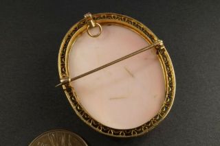 LOVELY ANTIQUE 9K GOLD CARVED PINK CONCH SHELL FLORAL CAMEO BROOCH c1900 $1 NRES 3