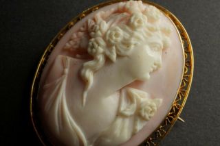 LOVELY ANTIQUE 9K GOLD CARVED PINK CONCH SHELL FLORAL CAMEO BROOCH c1900 $1 NRES 5