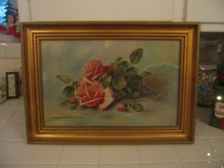 Omg Vintage Ornate Gold Framed Oil Painting Of Pink Roses Signed