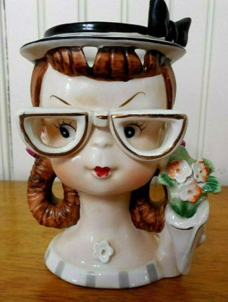Rare Vintage Head Vase Young Girl Wearing Glasses Flowers Brown Hair 1950 