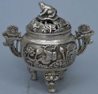 China Collectable Old Miao Silver Carve Goldfish Lotus Precious Incense Burners