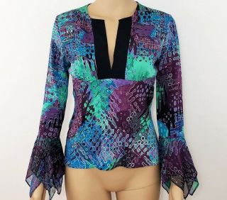 Diane Von Furstenburg Size 4 Silk Bell Sleeve Blouse Shirt Colorful Vintage? Sm