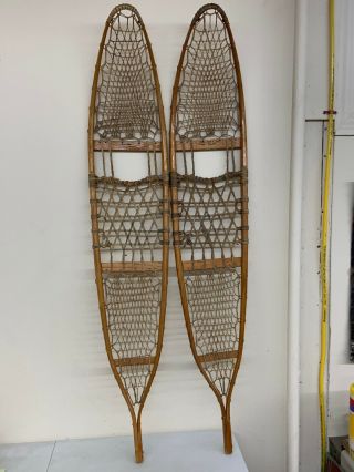 Snocraft Inc Norway Maine Antique Wooden Snowshoes 10” X 56” Vintage Wooden