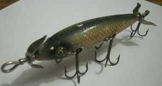 1) old vintage Heddon Dowagiac 5 hook glass eyes fishing lure antique.  rare 2