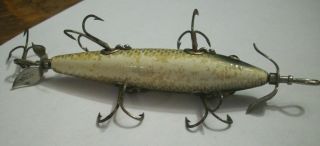 1) old vintage Heddon Dowagiac 5 hook glass eyes fishing lure antique.  rare 3