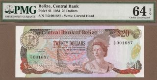Belize: 20 Dollars Banknote,  (unc Pmg64),  P - 45,  Rare,  01.  07.  1983,