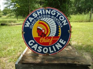 Old Vintage Washington Chief Gasoline Porcelain Enamel Gas Pump Sign