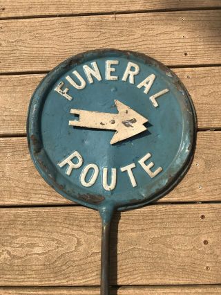 Vintage Rare Funeral Route Metal Embossed Letters Arrow Sign Stick 20 