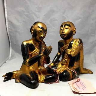 Thai Monks Statues 6 ¾” Vintage Wood Carved Black And Gold Colors