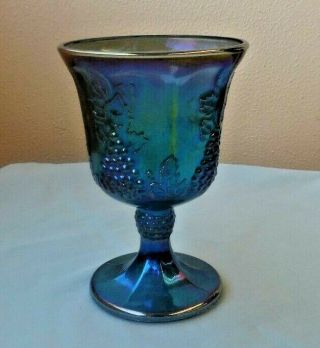 Vintage Iridescent Blue Carnival Glass Wine Goblet: Harvest Grape