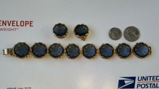 Vintage Blue 8 Intaglio Artglass Charm Gold Tone Link Bracelet With Earrings