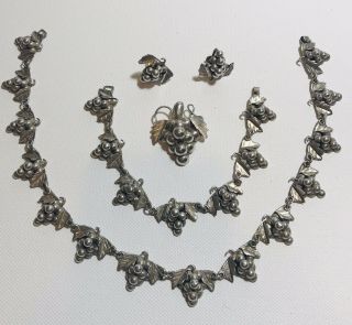 Taxco Sterling Silver Grapes Signed Necklace Bracelet Earrings Brooch/pendant