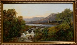 Large Fine 19th Cen.  Antique Oil Painting Scottish Highland Lake Landscape Scene
