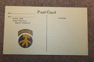 Ww2 U.  S.  Army 17th Airborne Division Camp Mackall,  Nc Postcard,