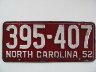 1952 North Carolina Nc License Plate Tag (395 - 407),  Vintage,  Rare