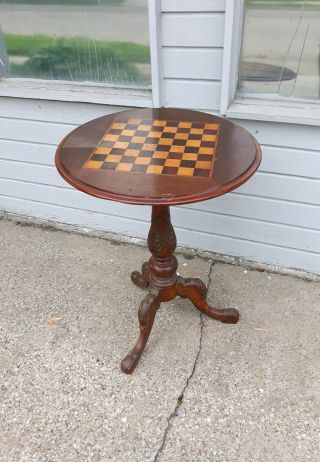 Vintage Inlaid Chess Board 3 Legged End Table