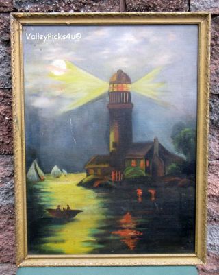 Early 1900s Antique Oil On Canvas Painting Lighthouse Harbor Full Moon Night