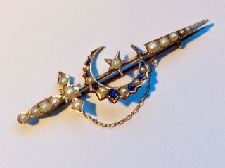 Antique Victorian Solid 9ct Gold Seed Pearl & Sapphire Masonic Dagger Pin