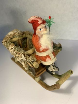 Vintage Antique Santa Riding In Wicker/ Moss Sleigh Rabbit Fur Beard Germany